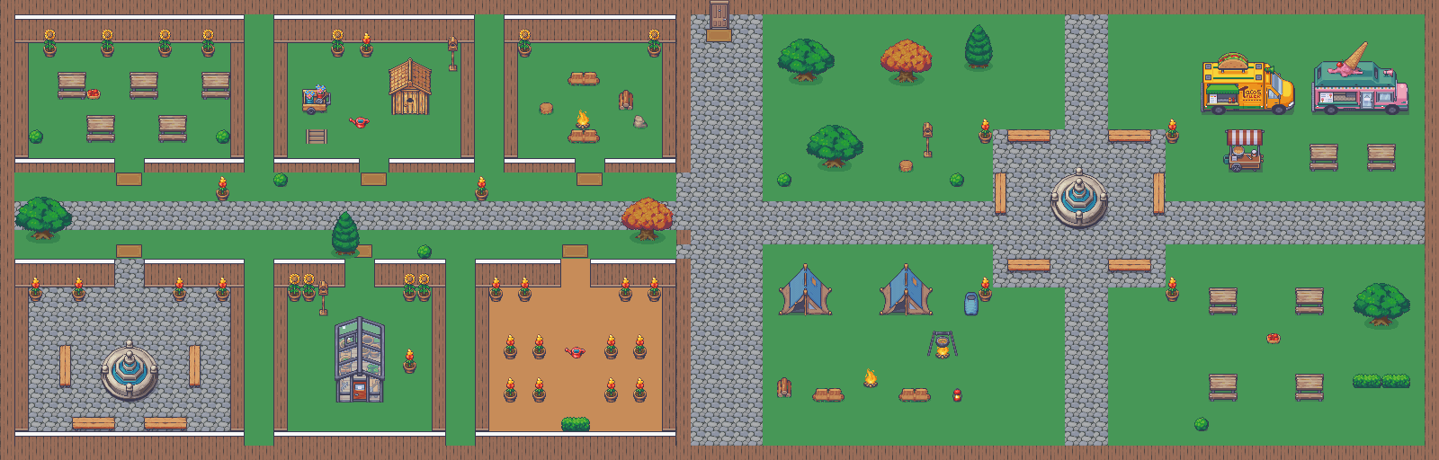 The Garden map: lawns and paths with benches, a shed, a campfire, a fountain plaza, a greenhouse and flower beds.