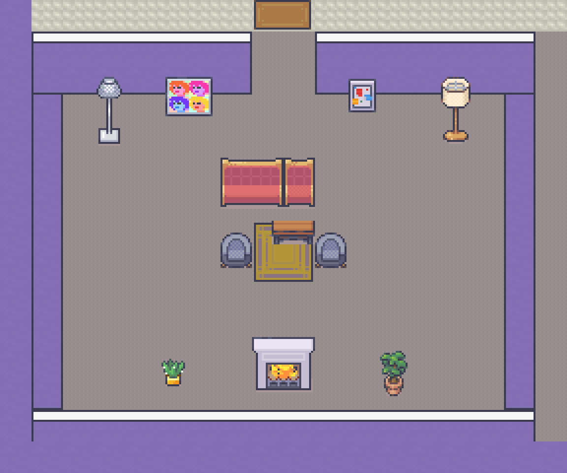 Close-up of the Hub's fireside room: a sofa and two armchairs around a rug, a lit fireplace, two floor lamps, two plants and pictures on the wall, with a doormat in the doorway to the hall.