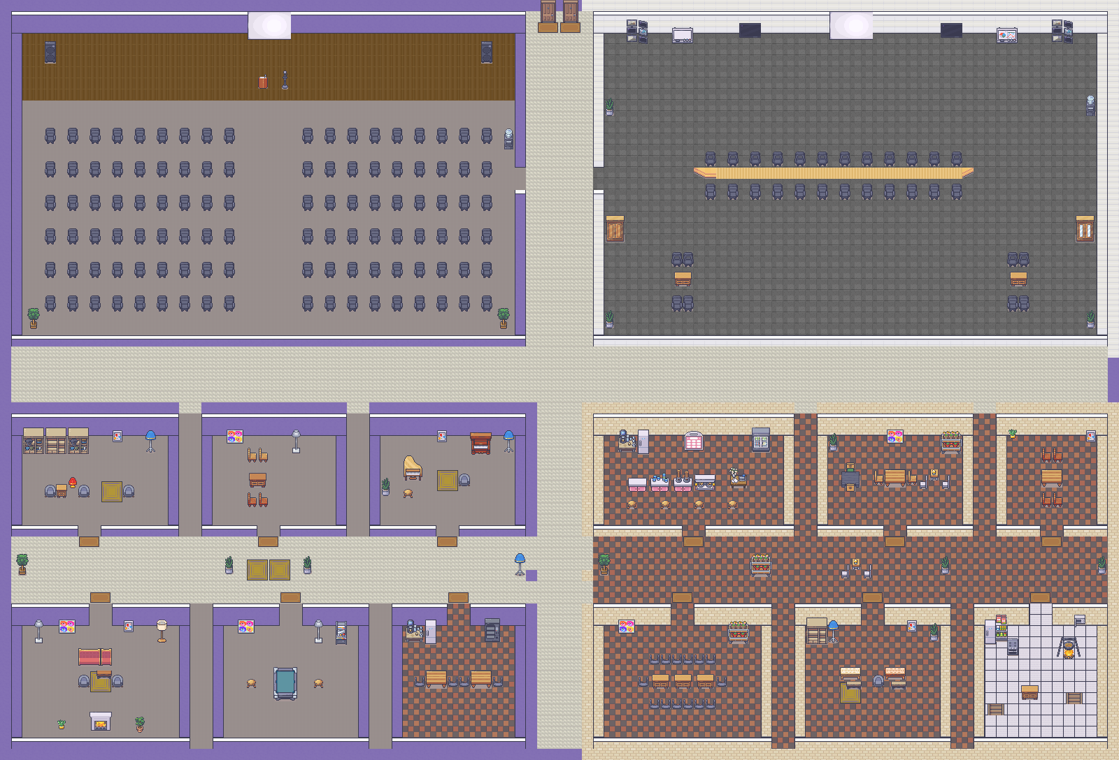 Pixel-art map of the Hub: an All Hands hall with a stage and rows of seats, a War Room with a long boardroom table and a screen wall, and a lounge and a café below, around a paved cross of avenues