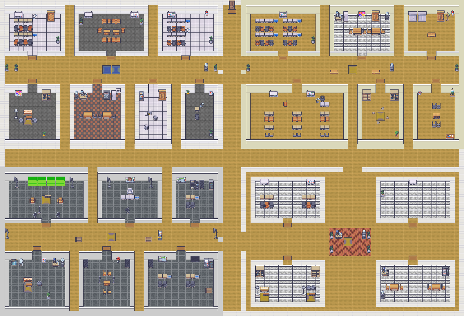 The Workshop map: an office with rows of desks, a meeting room, a kitchen, a lounge and a print room around a tiled hallway.